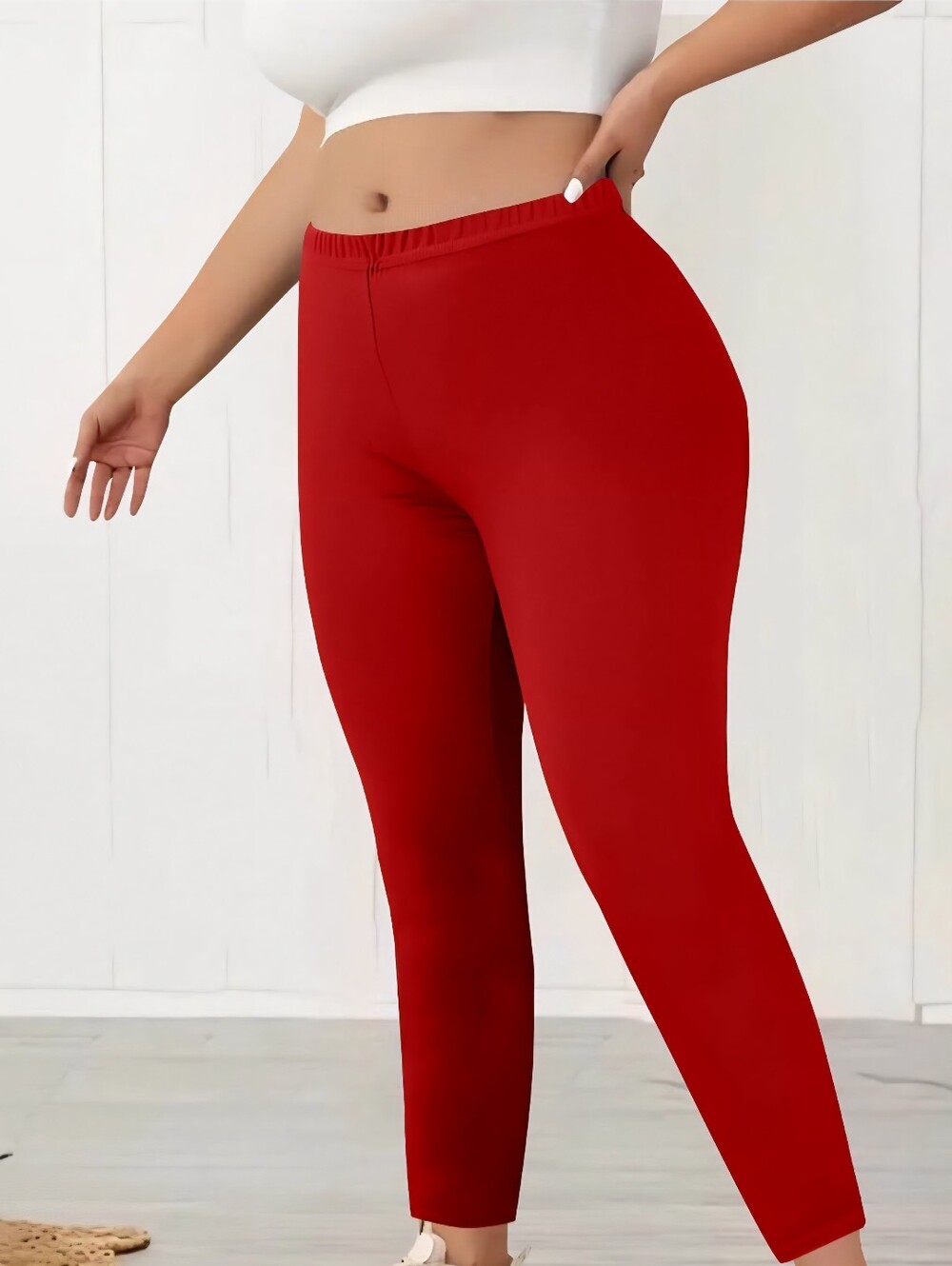 Women's Red Stretch High-Waist Legging Pants- Full & Plus Sizes - Picture 4 of 8